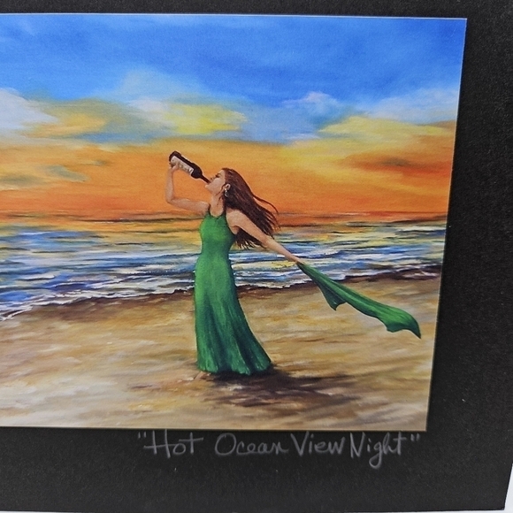 Beach Hot Ocean View Night Artwork Print Artist Signed Mounted Print Colorful - Picture 2 of 7